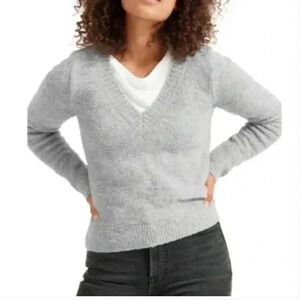 Everlane Teddy Bear Sweater Boucle V-Neck Knit Pull Over Heather Gray Size Small